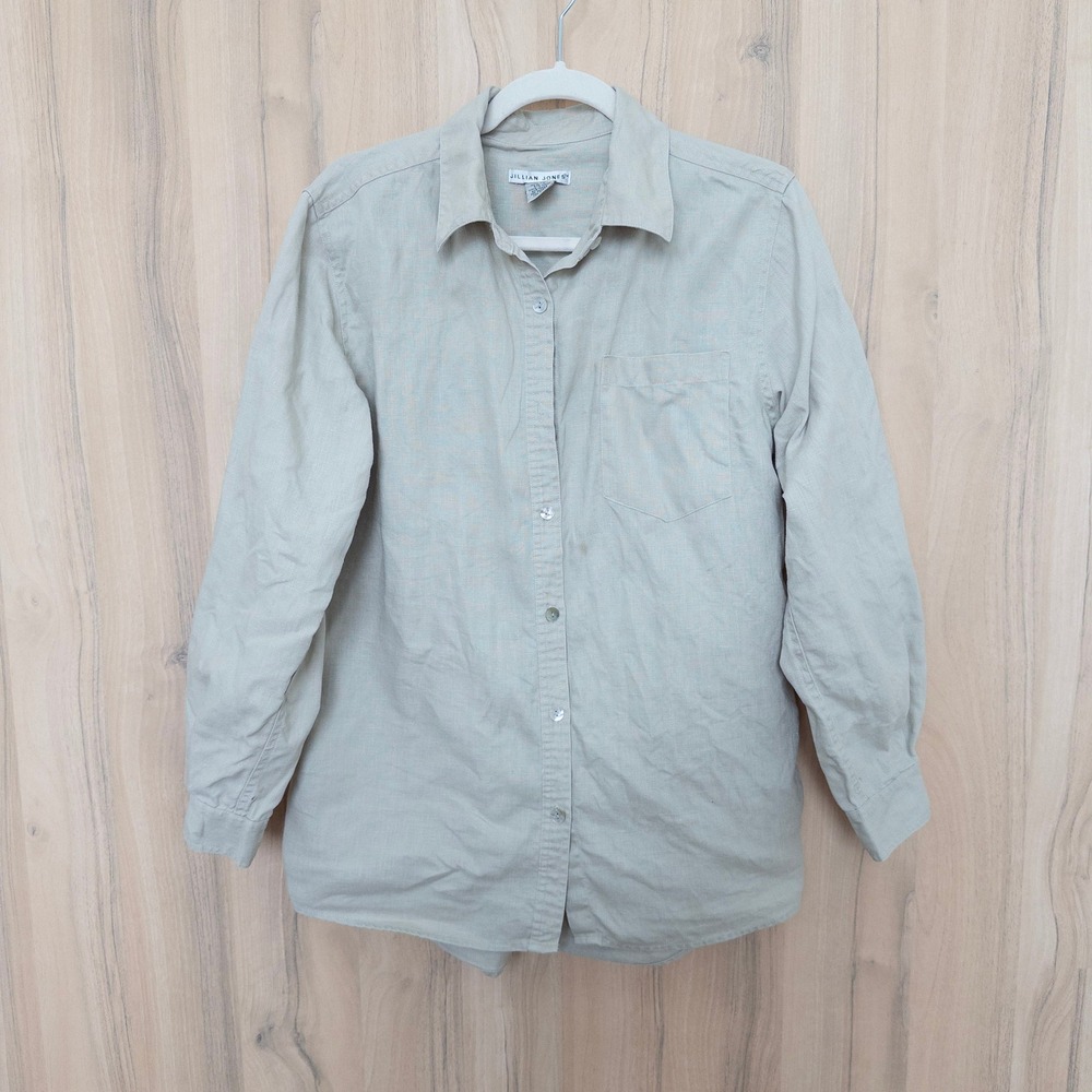 Jillian Jones Linen Button Down Shirt M Beige Long Sleeve Coastal Minimalist